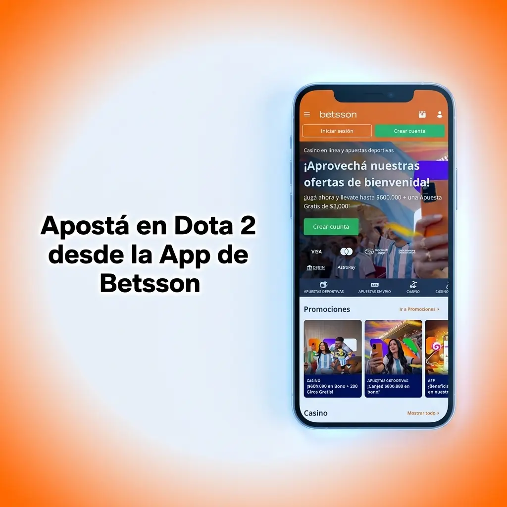 Pantalla de smartphone con la app de Betsson abierta en la sección de apuestas de Dota 2