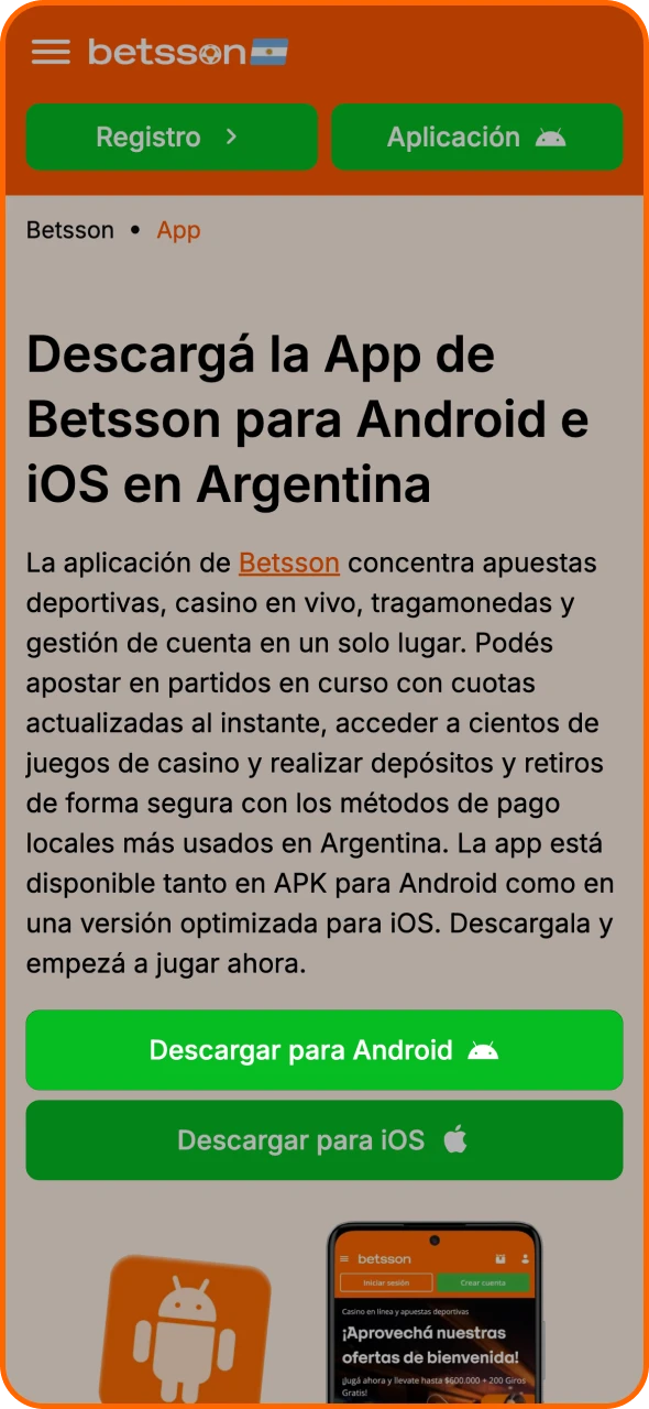 Haz clic en el botón de la página de Betsson para iniciar el proceso de descarga.