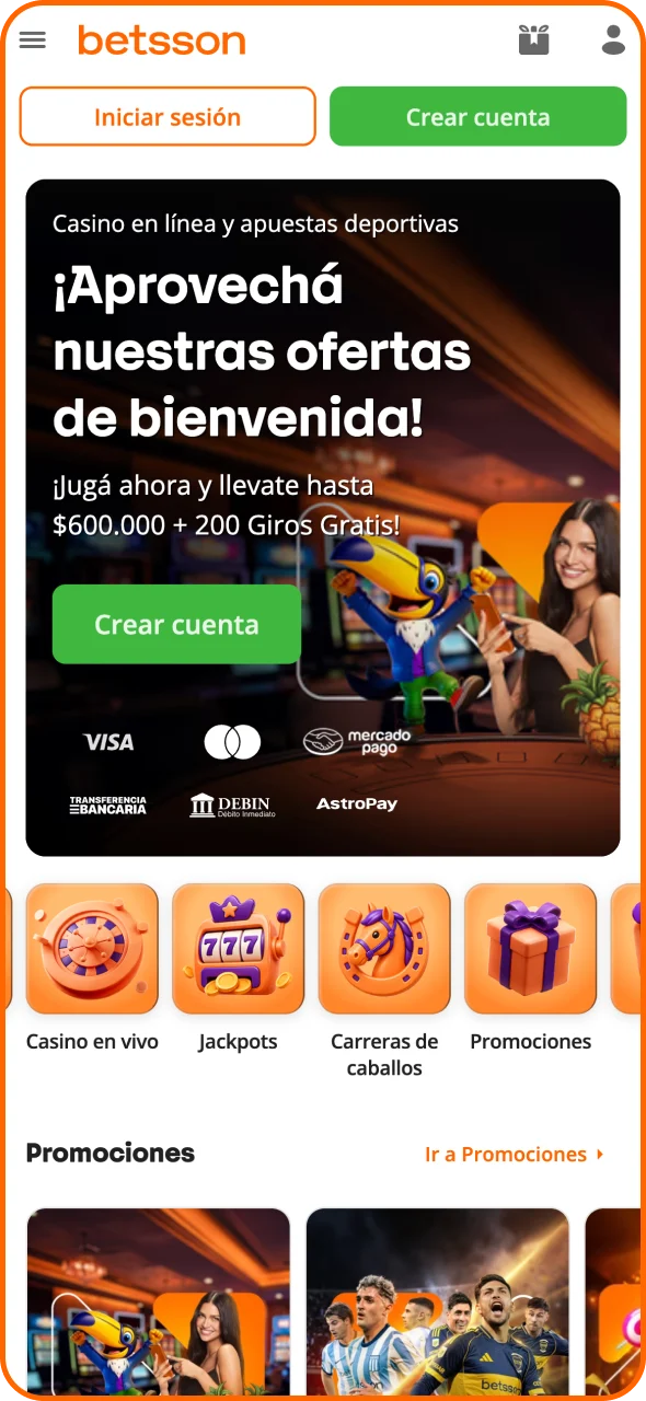 Visita la página principal de la aplicación de apuestas de Betsson.