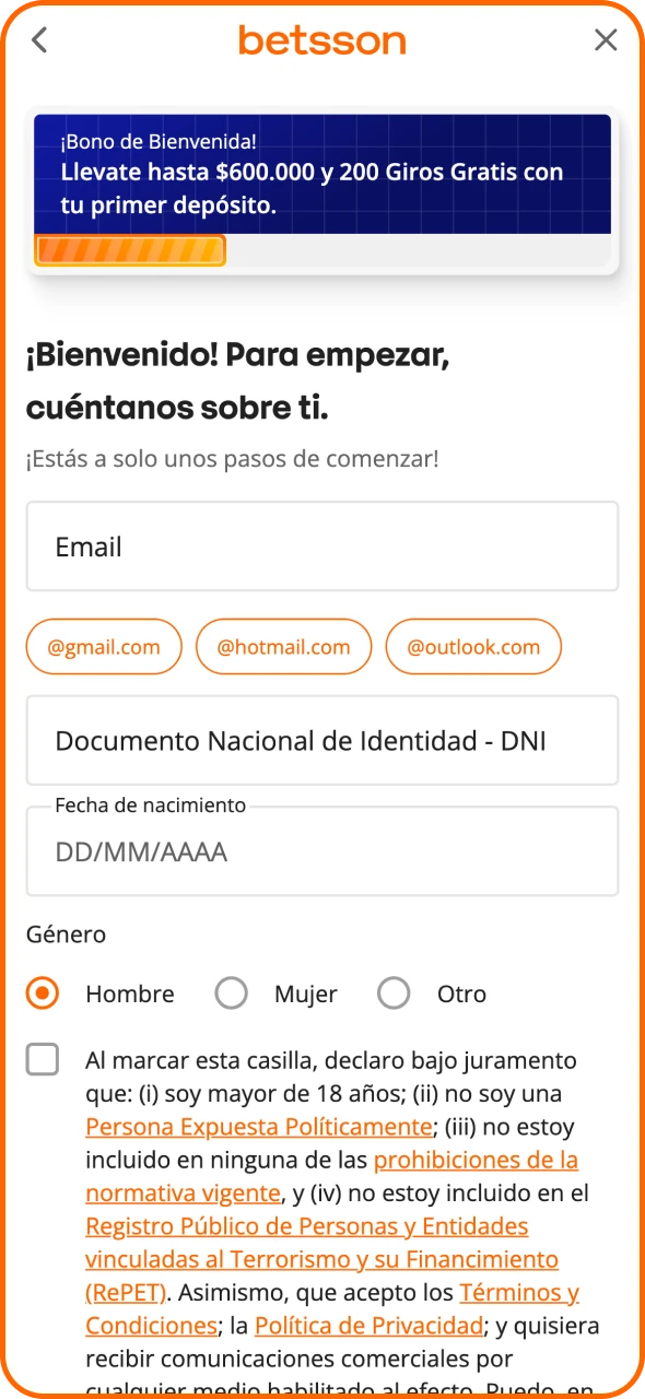 Puedes registrar tu cuenta en la aplicación de Betsson.
