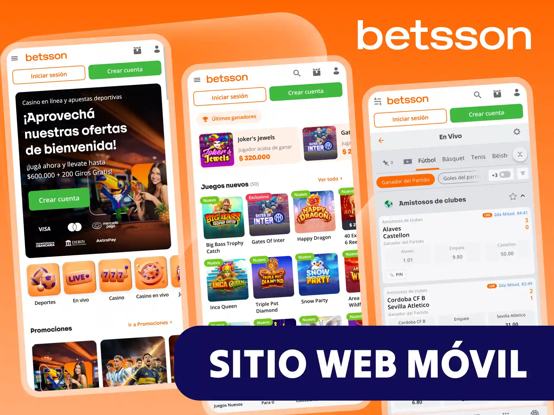 El sitio web móvil de Betsson funciona directamente en tu smartphone.