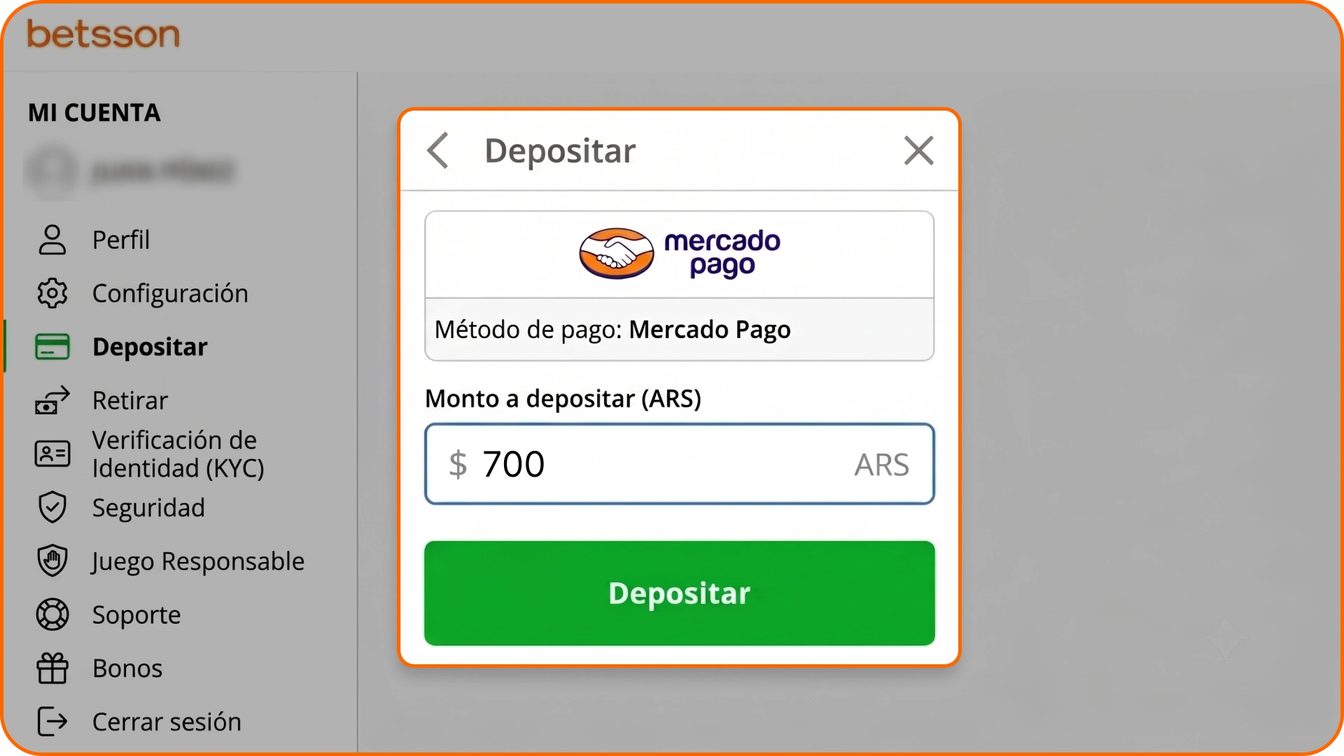 Realiza tu primer depósito ingresando el monto en Betsson.