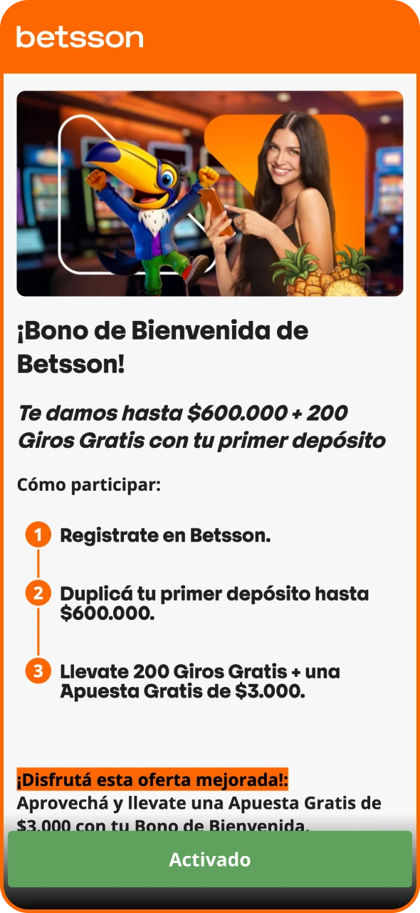 Reciba el bono de bienvenida de Betsson en su sección personal.