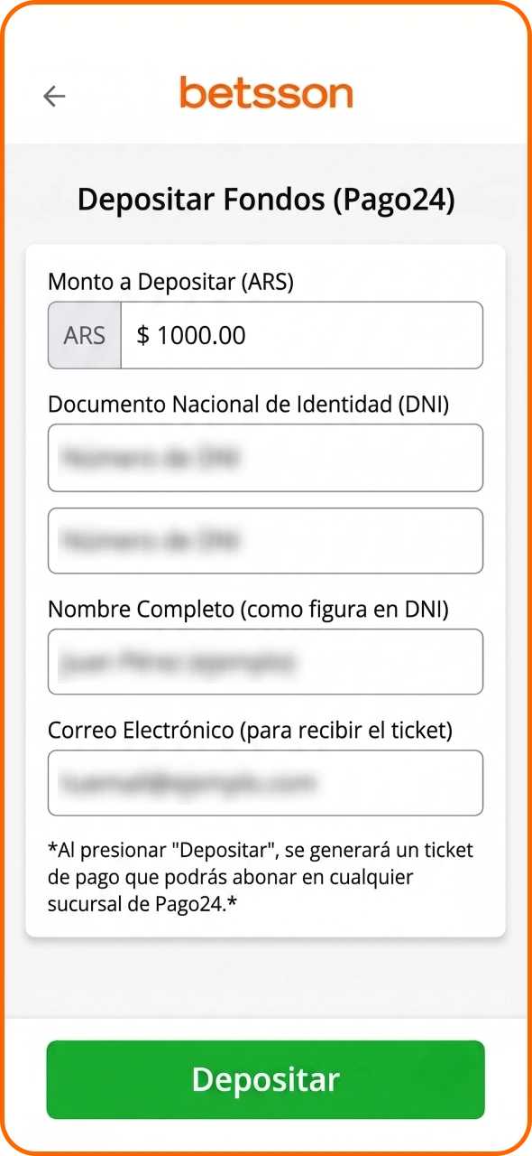 Introduce toda la información necesaria y confirma el depósito en Betsson.