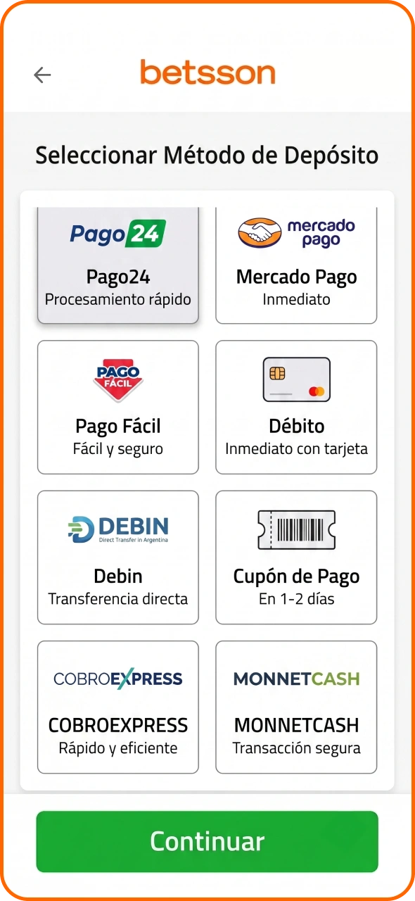 Elige tu método de depósito preferido en la plataforma Betsson.