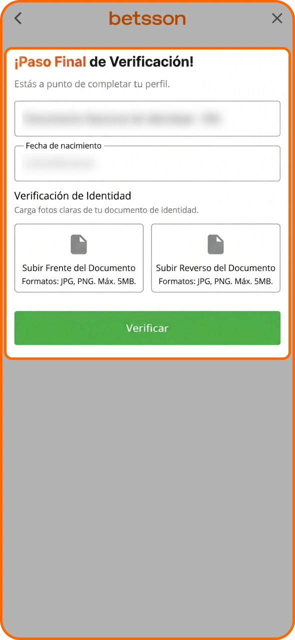 Verifica tu cuenta de Betsson subiendo tus documentos personales.