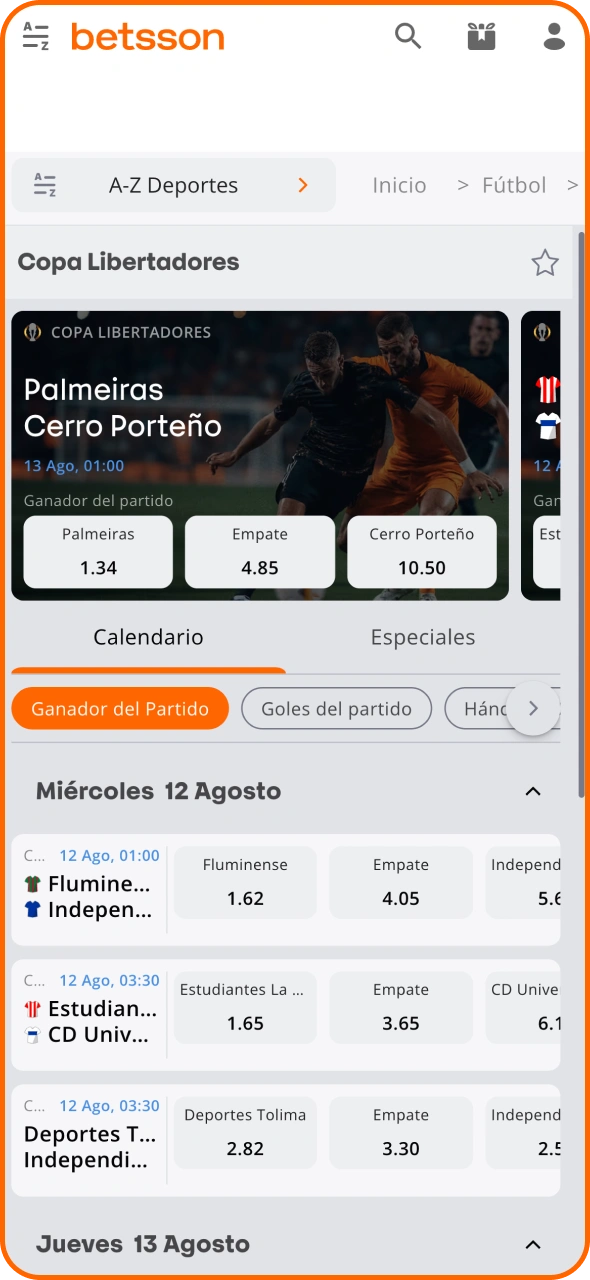 Ve a la sección de fútbol de Betsson para elegir un torneo.