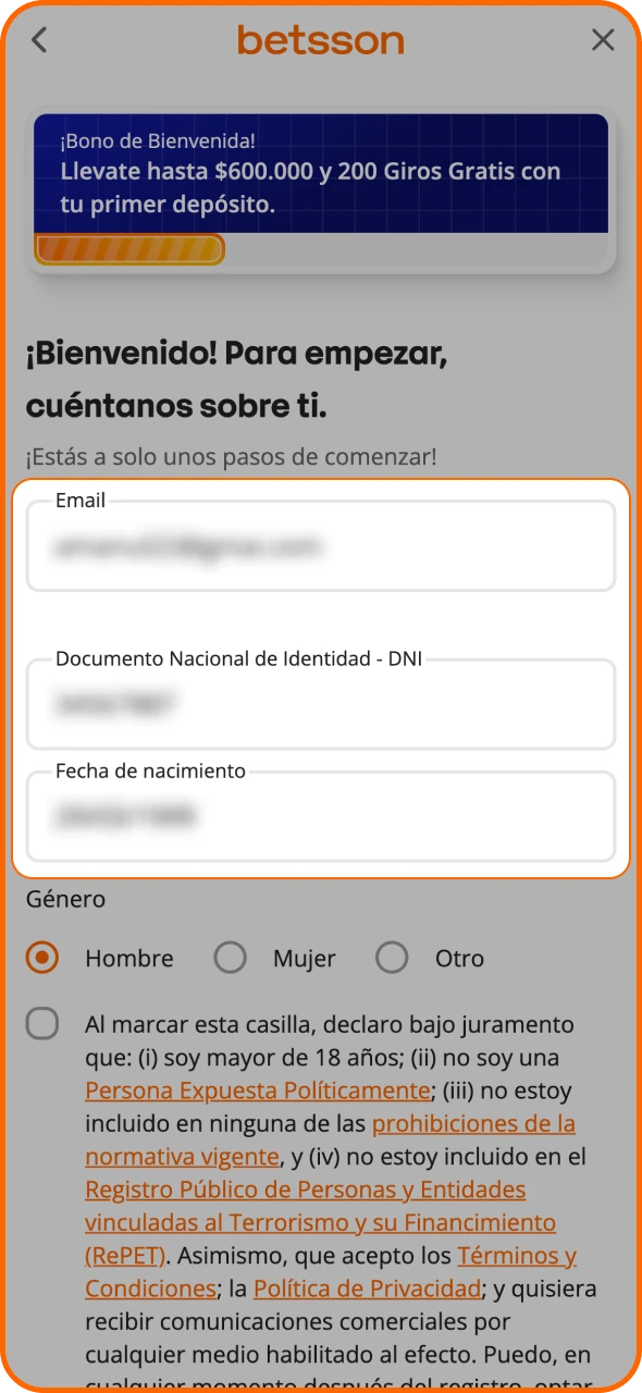 Ingrese la información personal requerida para completar el registro en Betsson.