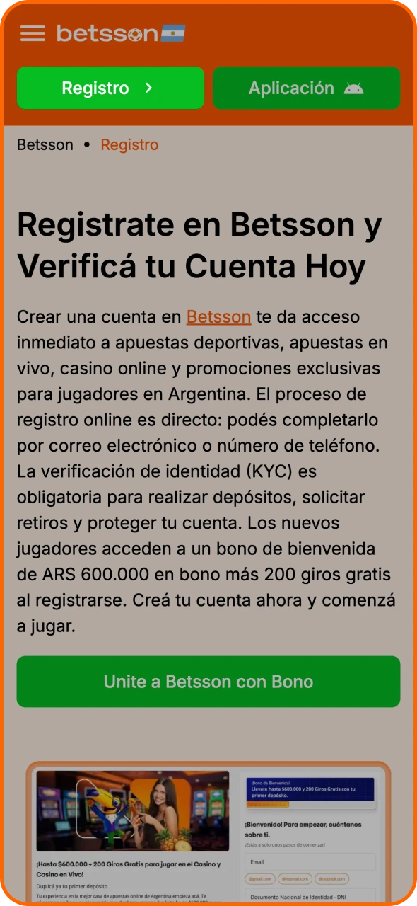 Presione el botón de registro de Betsson en esta página.