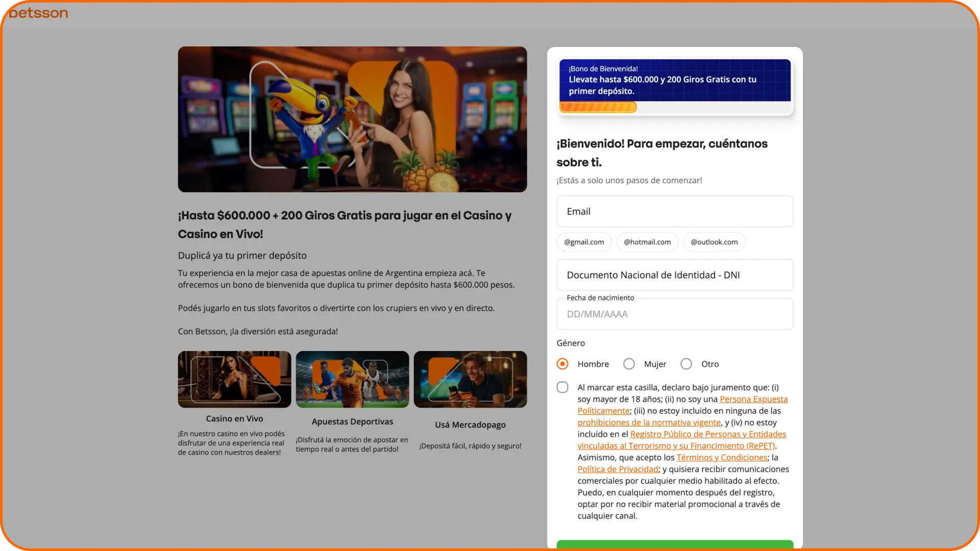 Crea una cuenta en la plataforma de casino en línea Betsson.
