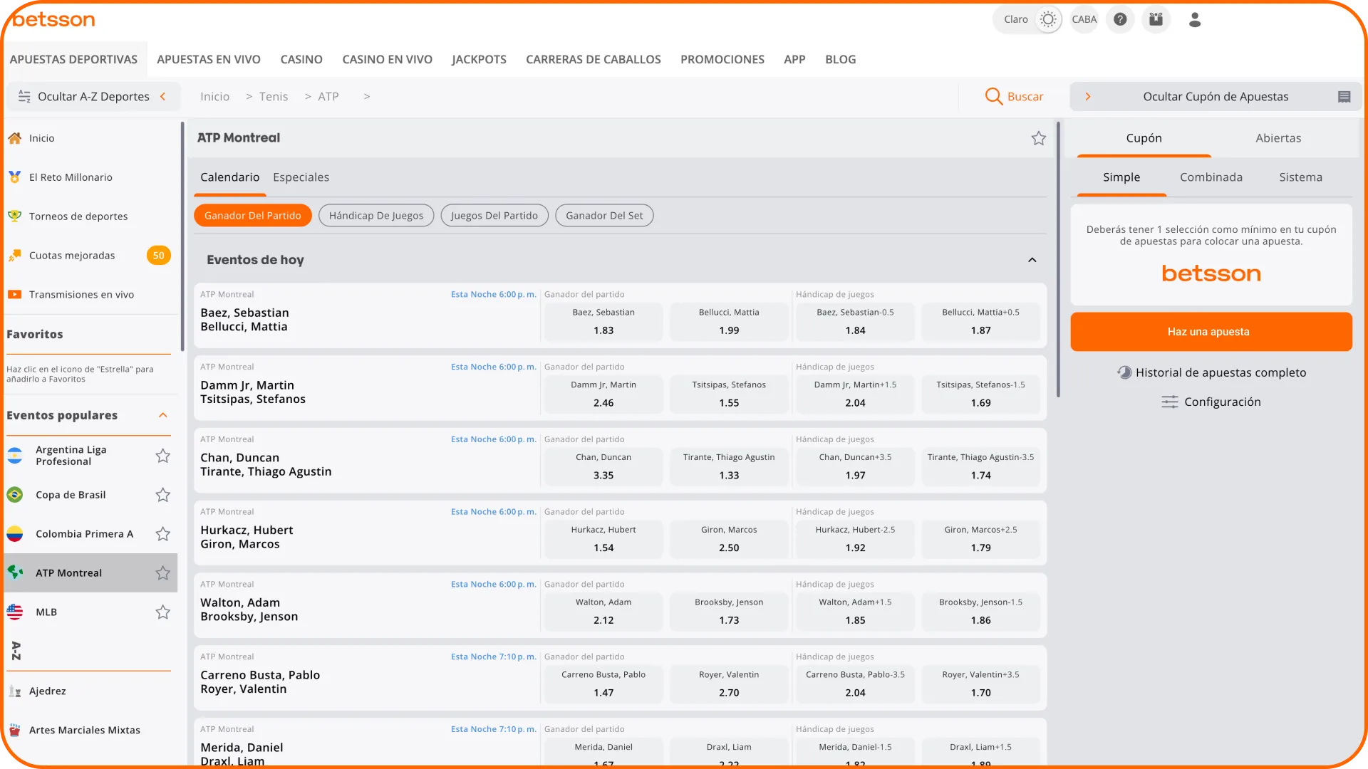 Elige un partido o torneo de tenis para apostar en Betsson.