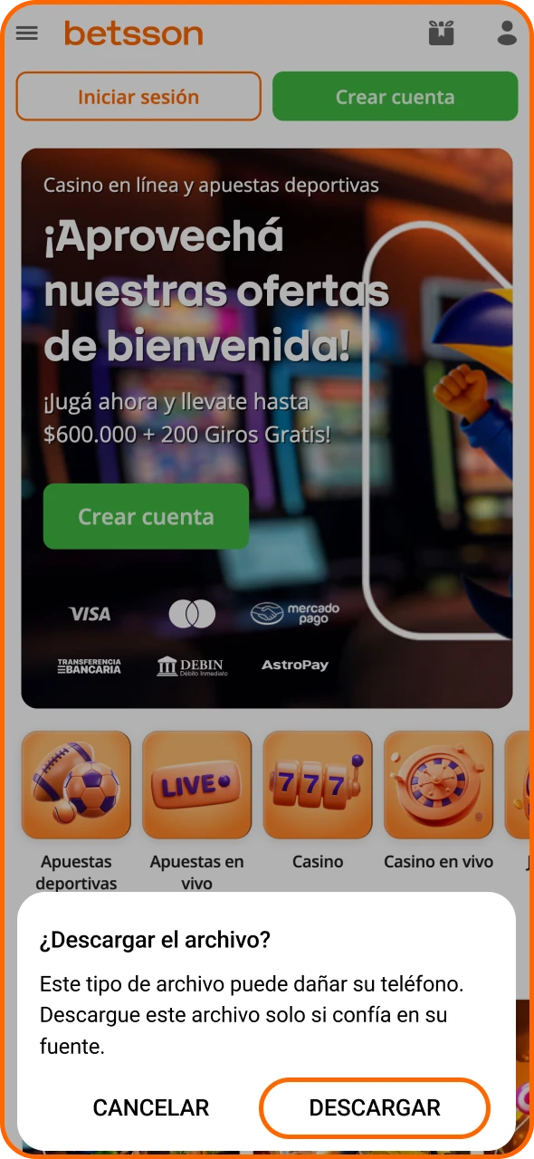 Sigue las instrucciones para descargar la aplicación de Betsson en Android.