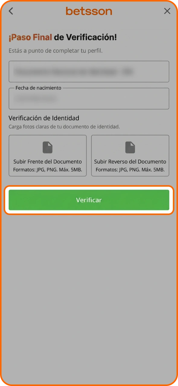 Sube los documentos a Betsson y haz clic para confirmar.